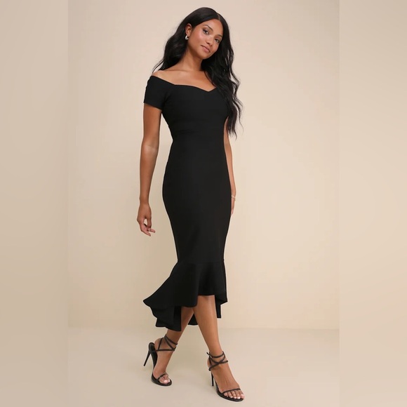 How Much I Care Black Off-the-Shoulder Midi Dress - Picture 5 of 10